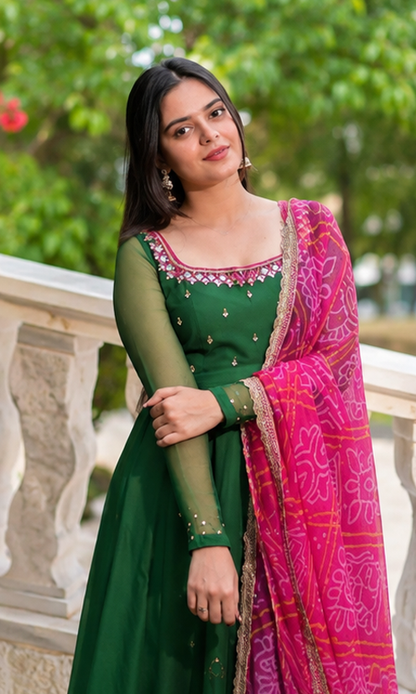 Women's Elegant Solid Georgette Gown Kurta Set with Designer Dupatta – Party Wear Ethnic Dress for Festive, Wedding & Special Occasions