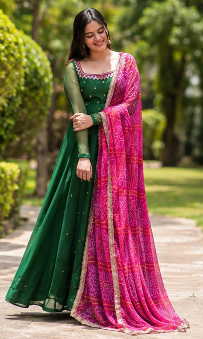 Women's Elegant Solid Georgette Gown Kurta Set with Designer Dupatta – Party Wear Ethnic Dress for Festive, Wedding & Special Occasions