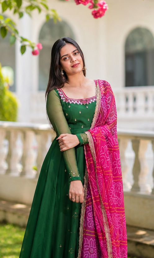 Women's Elegant Solid Georgette Gown Kurta Set with Designer Dupatta – Party Wear Ethnic Dress for Festive, Wedding & Special Occasions