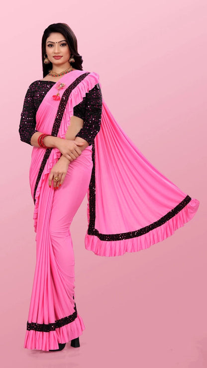 Women’s Lycra Blend Solid Ruffle Saree with Designer Border (6.3 m)