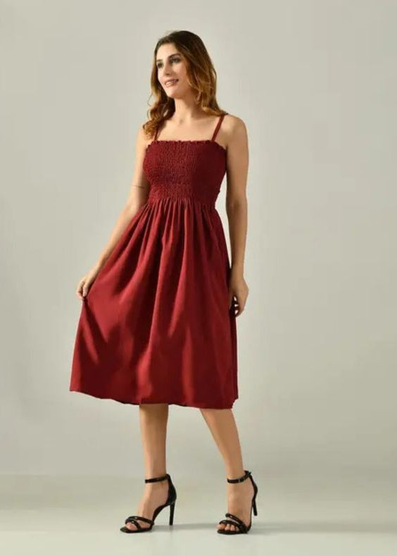 Women's Elegant Smocked Midi Dress – Sleeveless Casual Party & Summer Wear (Maroon)