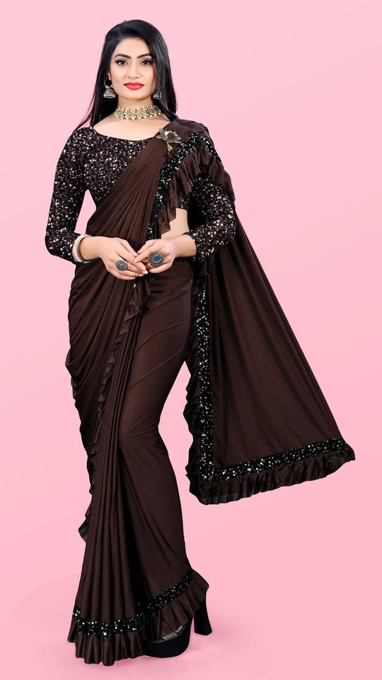 Women’s Lycra Blend Solid Ruffle Saree with Designer Border (6.3 m)