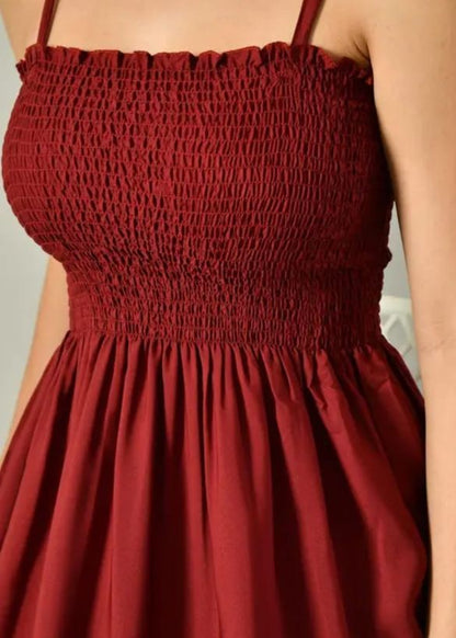 Women's Elegant Smocked Midi Dress – Sleeveless Casual Party & Summer Wear (Maroon)