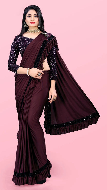 Women’s Lycra Blend Solid Ruffle Saree with Designer Border (6.3 m)
