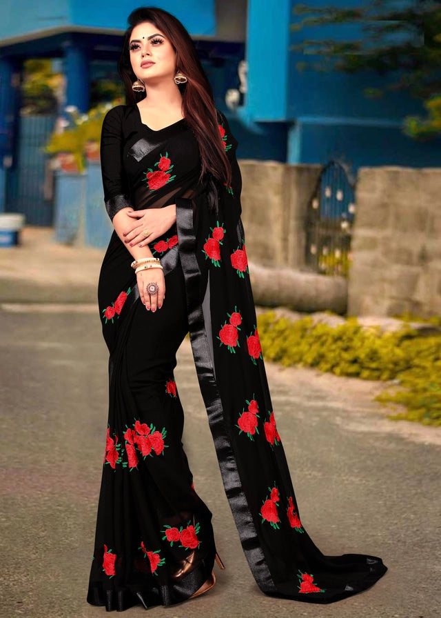 Elegant Olive Georgette Embroidered Saree with Floral Thread Work & Matching Blouse Piece (6.3 m)