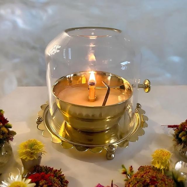 Akhand Diya Lamp with Adjustable Wick &amp; Glass Dome