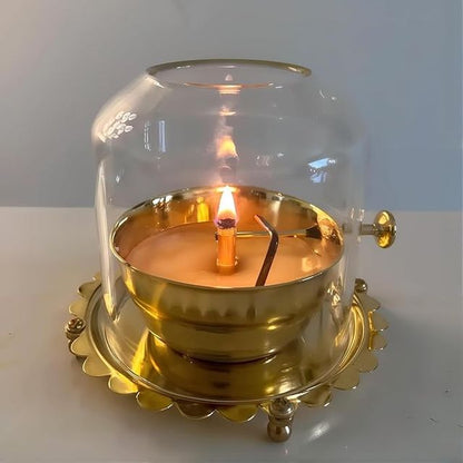 Akhand Diya Lamp with Adjustable Wick &amp; Glass Dome