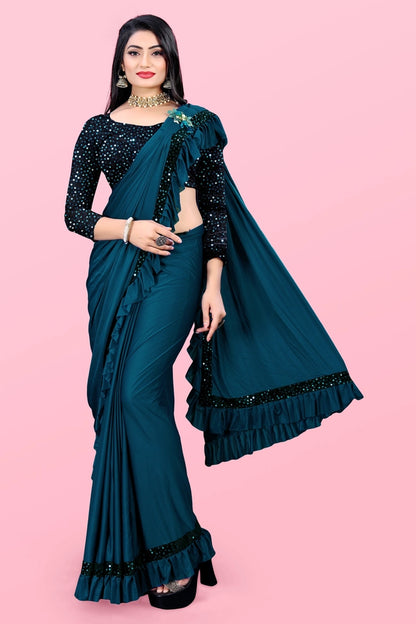 Women’s Lycra Blend Solid Ruffle Saree with Designer Border (6.3 m)