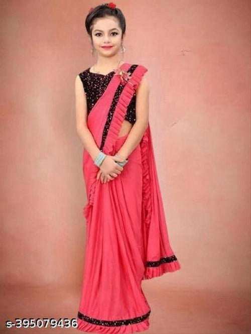 Princess Grace Girls’ Designer Lycra Saree (Pink)