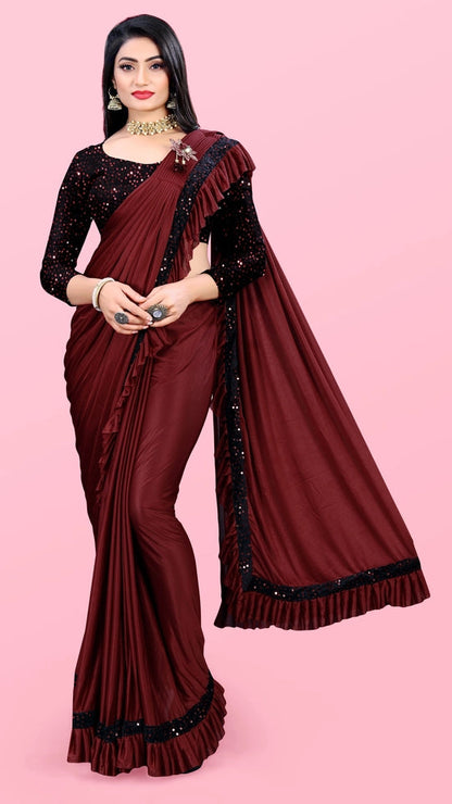 Women’s Lycra Blend Solid Ruffle Saree with Designer Border (6.3 m)