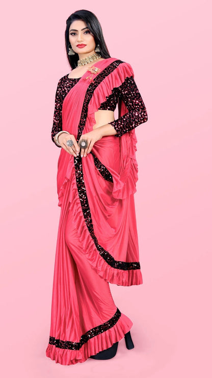Women’s Lycra Blend Solid Ruffle Saree with Designer Border (6.3 m)