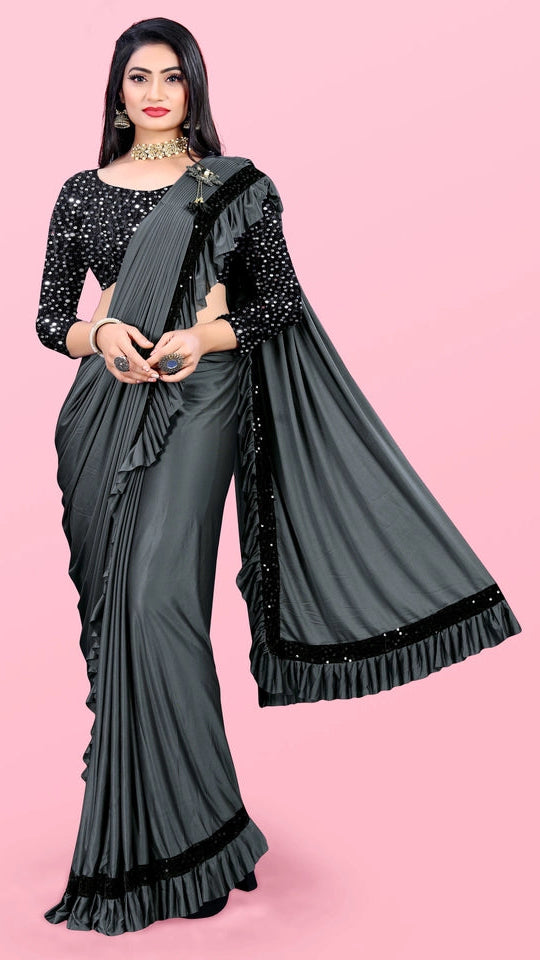 Women’s Lycra Blend Solid Ruffle Saree with Designer Border (6.3 m)