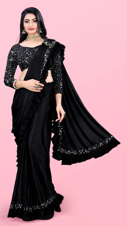 Women’s Lycra Blend Solid Ruffle Saree with Designer Border (6.3 m)