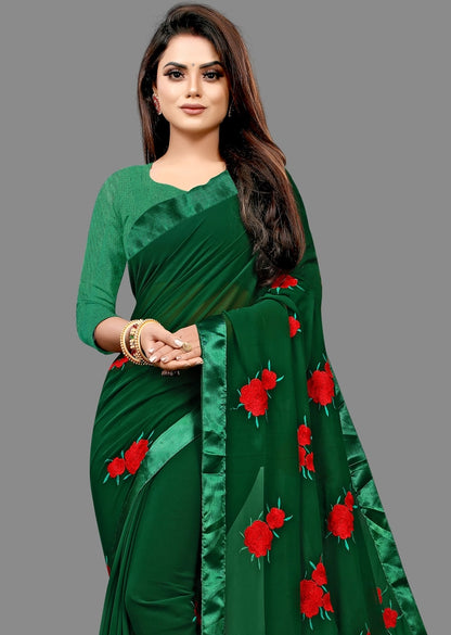 Elegant Olive Georgette Embroidered Saree with Floral Thread Work & Matching Blouse Piece (6.3 m)