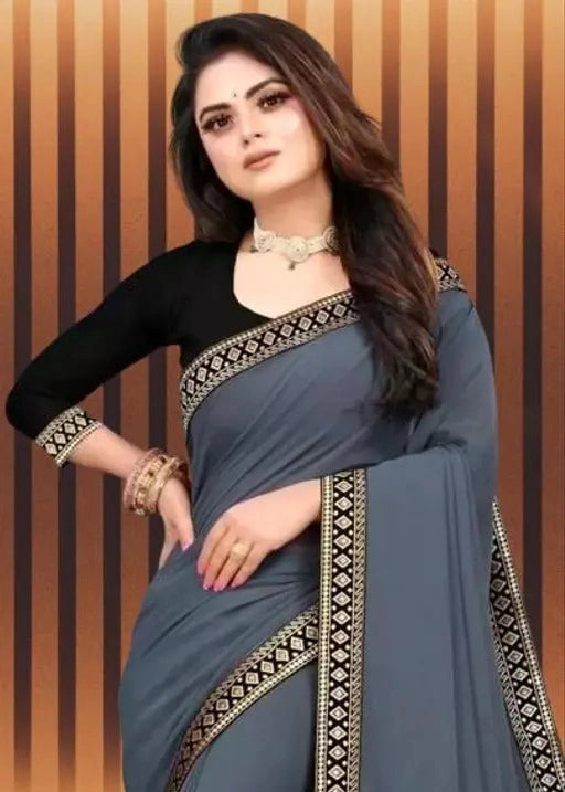 Elegant Black Lycra Blend Designer Saree with Premium Embroidered Border & Matching Blouse Piece (6.3 m)