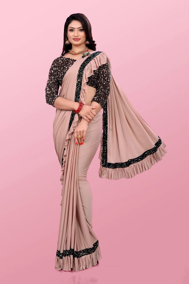 Women’s Lycra Blend Solid Ruffle Saree with Designer Border (6.3 m)