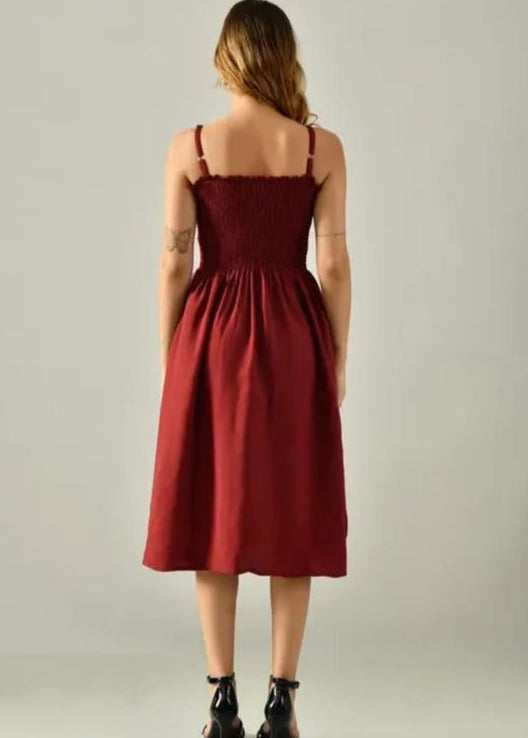 Women's Elegant Smocked Midi Dress – Sleeveless Casual Party & Summer Wear (Maroon)
