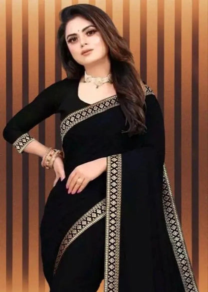 Elegant Black Lycra Blend Designer Saree with Premium Embroidered Border & Matching Blouse Piece (6.3 m)
