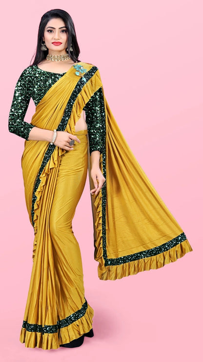 Women’s Lycra Blend Solid Ruffle Saree with Designer Border (6.3 m)