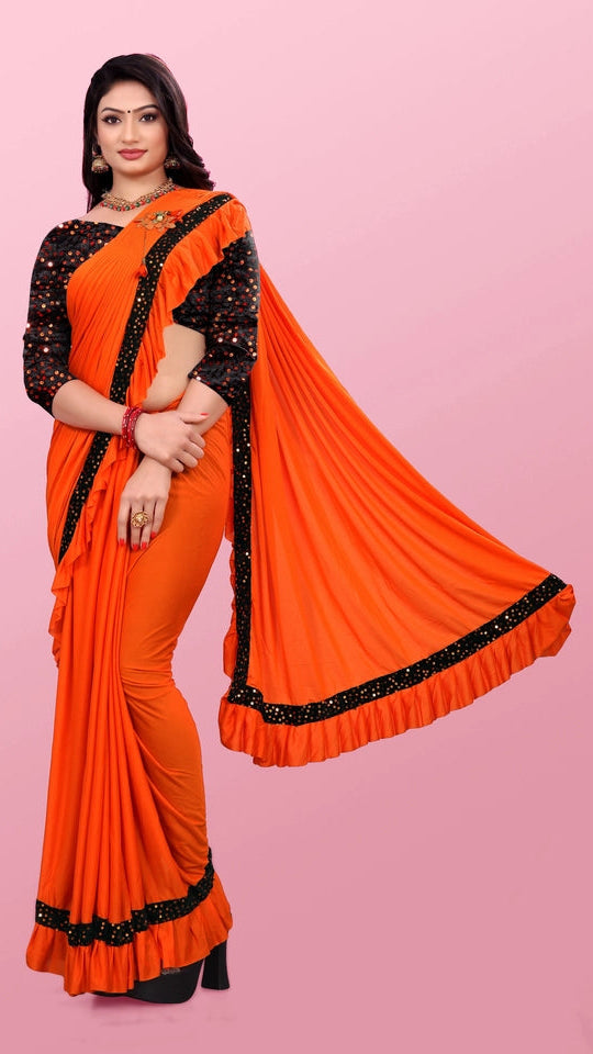 Women’s Lycra Blend Solid Ruffle Saree with Designer Border (6.3 m)