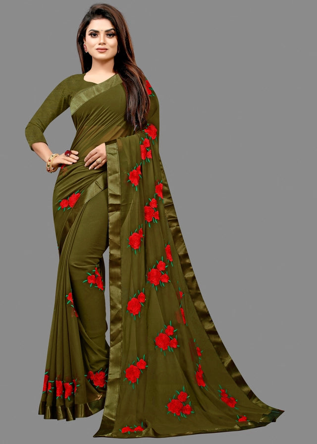 Elegant Olive Georgette Embroidered Saree with Floral Thread Work & Matching Blouse Piece (6.3 m)