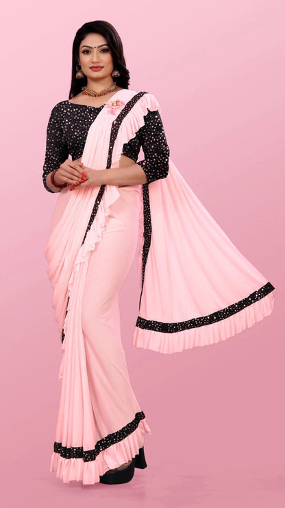 Women’s Lycra Blend Solid Ruffle Saree with Designer Border (6.3 m)