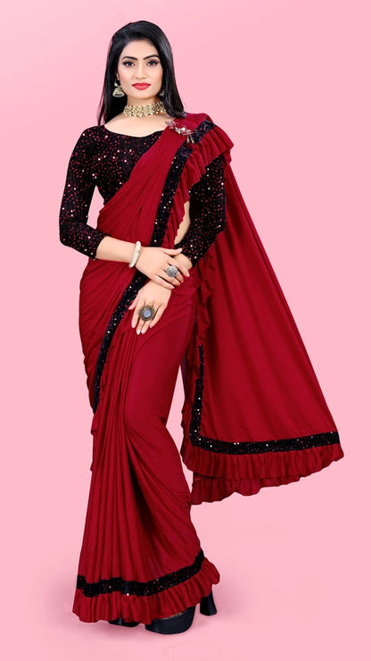 Women’s Lycra Blend Solid Ruffle Saree with Designer Border (6.3 m)
