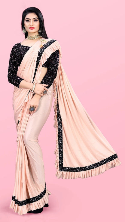 Women’s Lycra Blend Solid Ruffle Saree with Designer Border (6.3 m)
