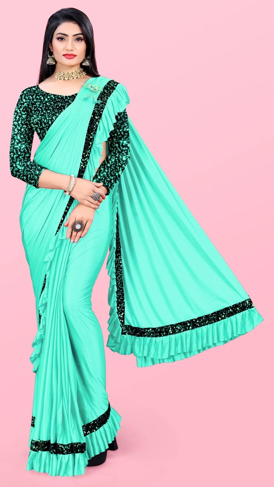 Women’s Lycra Blend Solid Ruffle Saree with Designer Border (6.3 m)