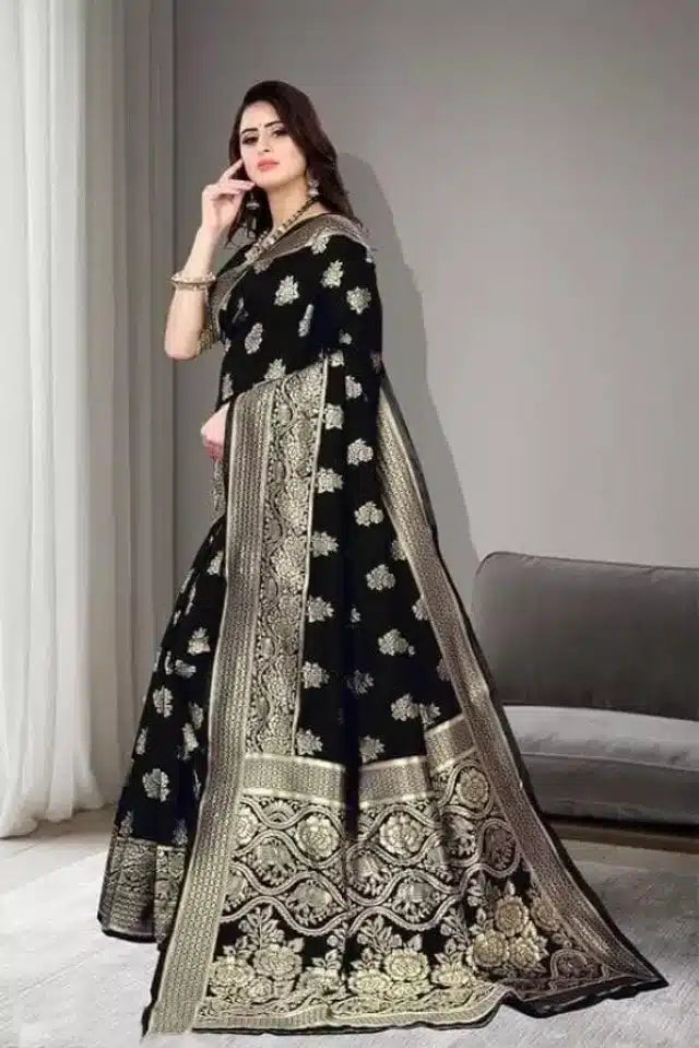 Elegant Black Jacquard Foil Printed Saree with Rich Woven Border & Matching Blouse Piece (6.3 m)
