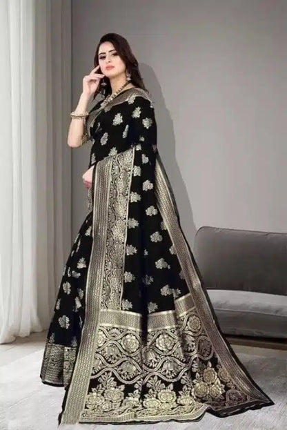 Elegant Black Jacquard Foil Printed Saree with Rich Woven Border & Matching Blouse Piece (6.3 m)