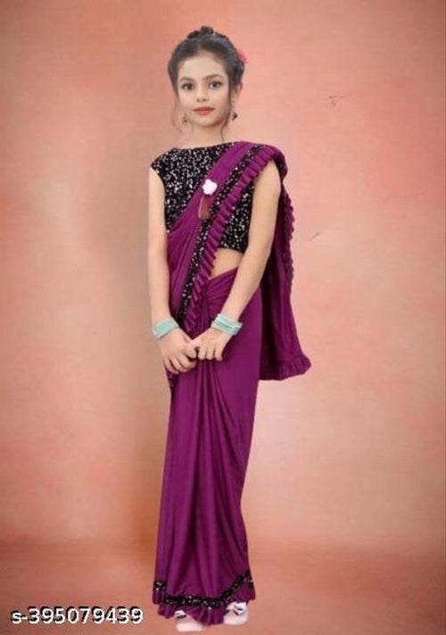 Princess Grace Girls’ Designer Lycra Saree (Purple)