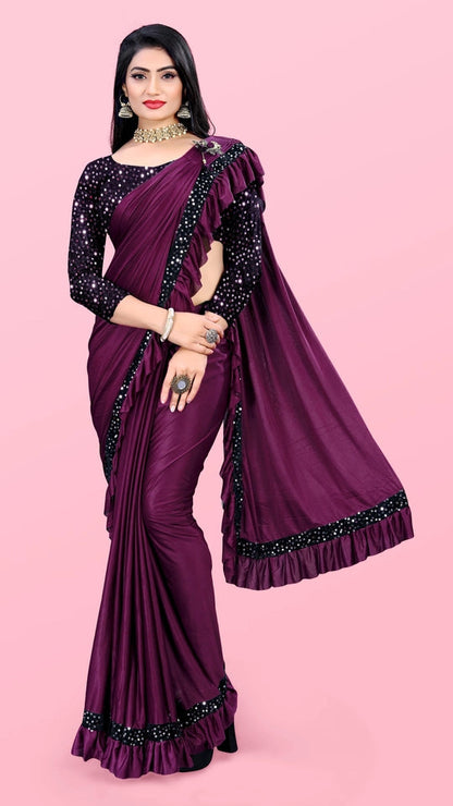Women’s Lycra Blend Solid Ruffle Saree with Designer Border (6.3 m)
