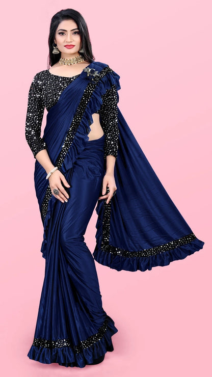 Women’s Lycra Blend Solid Ruffle Saree with Designer Border (6.3 m)