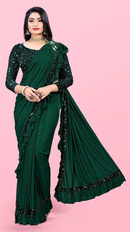 Women’s Lycra Blend Solid Ruffle Saree with Designer Border (6.3 m)